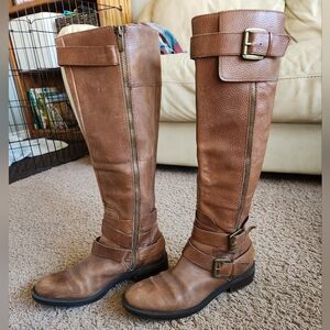 Brown Leather Knee-High Buckle Boots